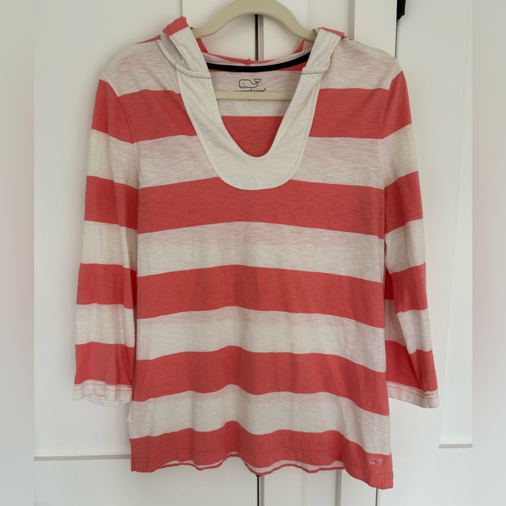 Vineyard Vines Coral and White Striped Hoooded 3/4 Sleeve Tee